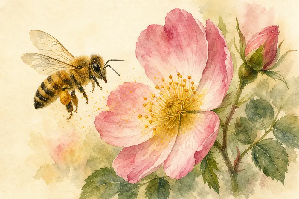 Aquarela de abelha polinizando uma flor rosa
