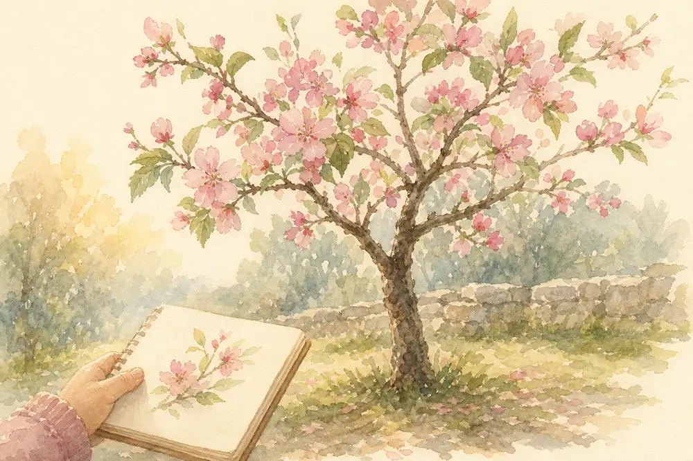 Aquarela de criança com caderno ao lado de árvore florida