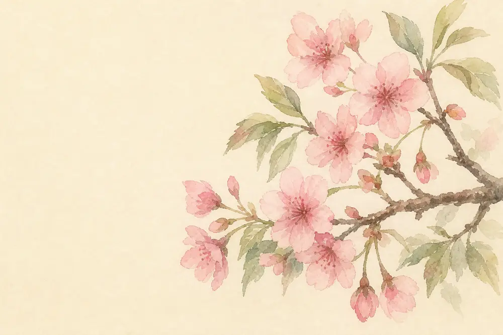 Galho de cerejeira em flor pintado em aquarela