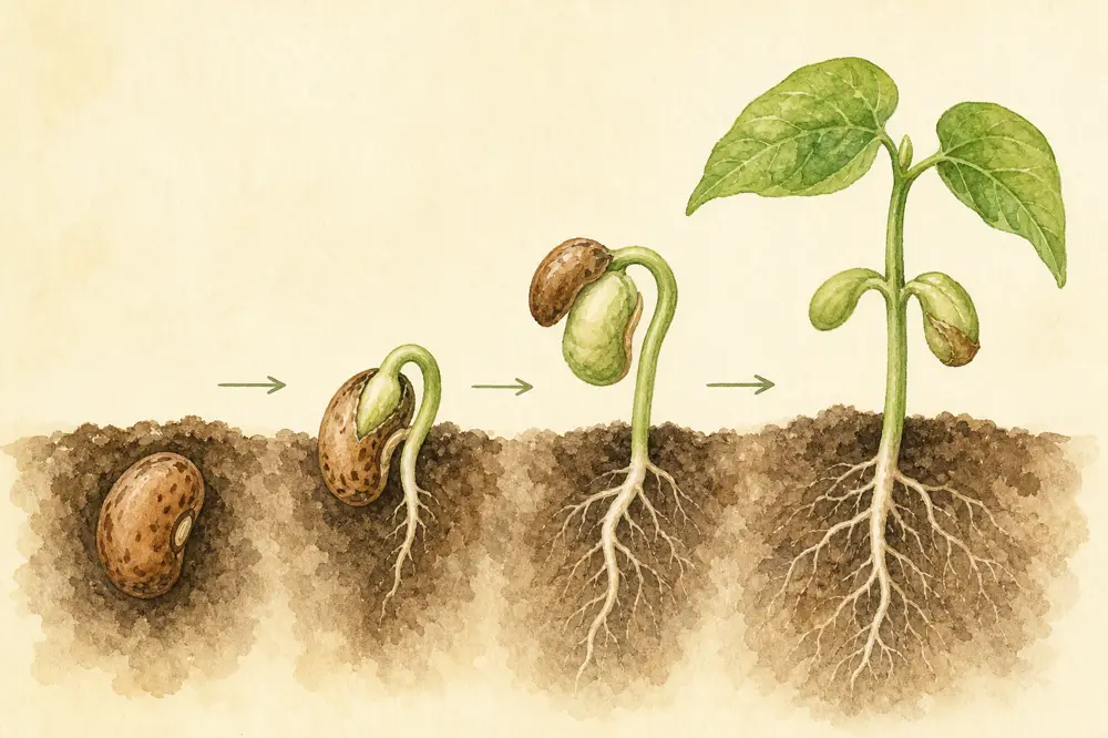 Aquarela das quatro etapas da germinação de um feijão